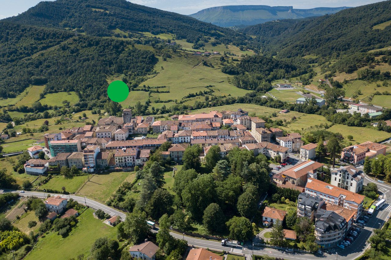 Artziniegako herrigunearen aireko ikuspegia, landa-lurrez eta mendiz inguratuta.